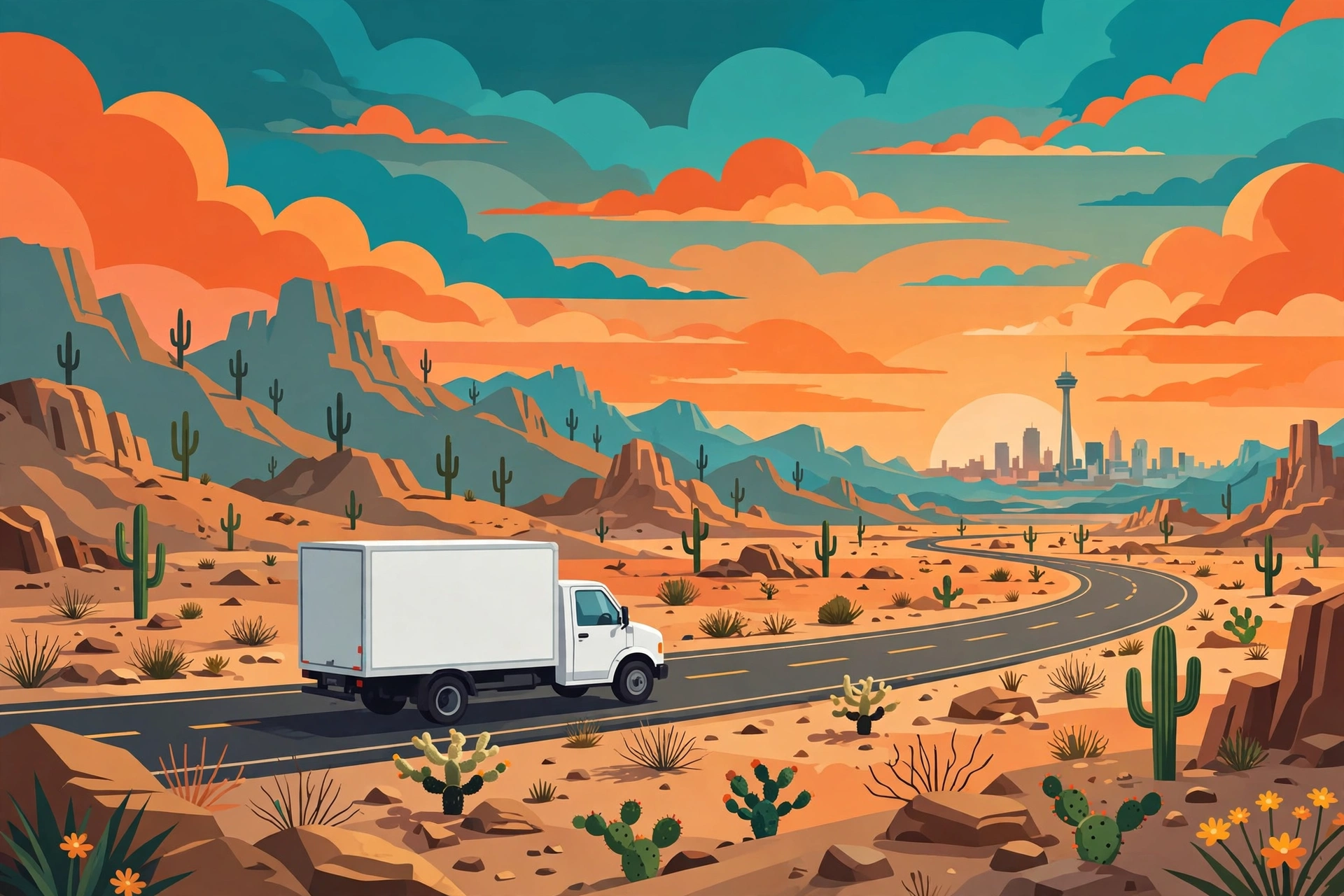 Movers from El Paso to San Antonio - moving truck on Interstate 10 at sunset