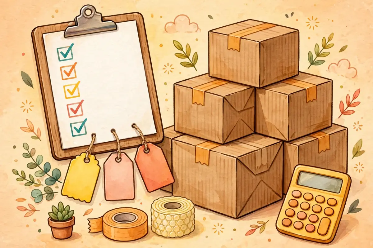 Moving cost estimate concept with clipboard, price tags, and moving boxes