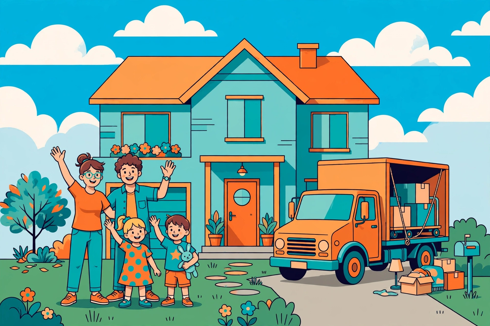 Contact us - happy family with moving truck at new home