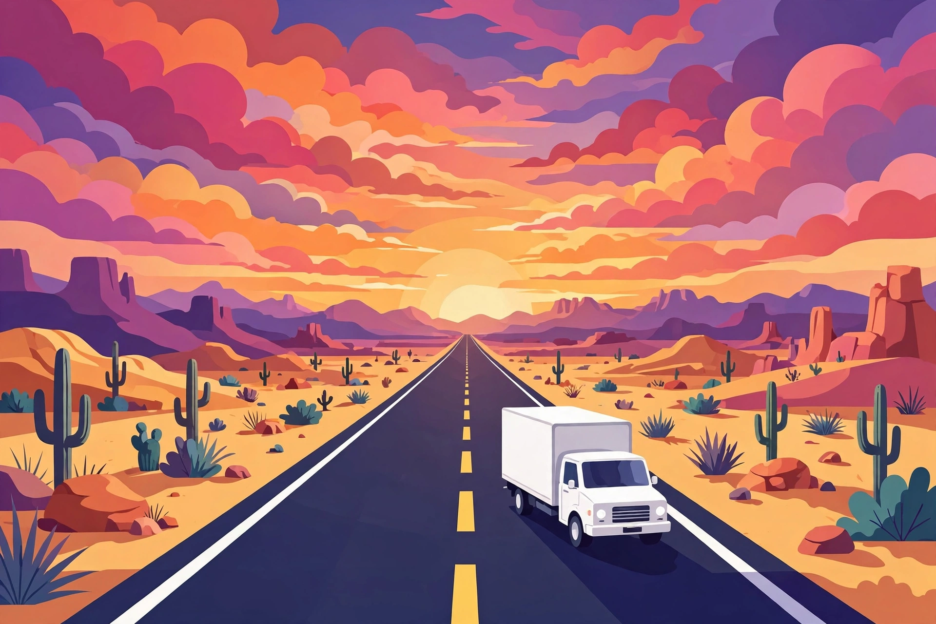 915 Long Distance Movers - interstate moving truck at sunset