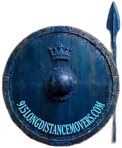 915 Long Distance Movers brand shield logo - blue shield with blue crown and 915LONGDISTANCEMOVERS.COM text
